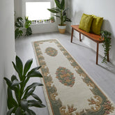 Royal Cream and Green Wool Traditional Runner Rug - Pendle Village Furniture
